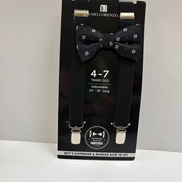 Bow Tie and Suspender Set - Boys 4-7 YRS OLD- NWT - Black W/ Silver Squares - Picture 4 of 7